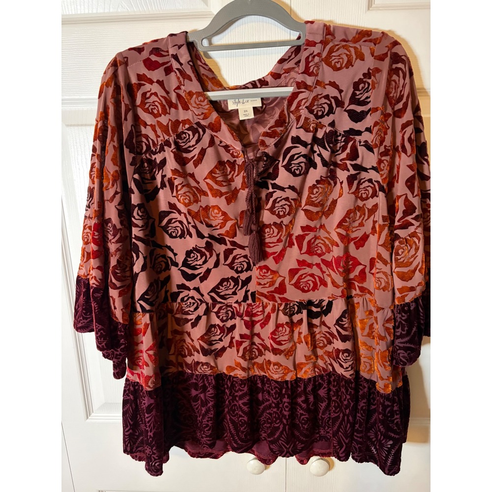 Style & Co Woman Velvet Flocked Rose Peasant Top Mauve Burgundy Tassel 2X